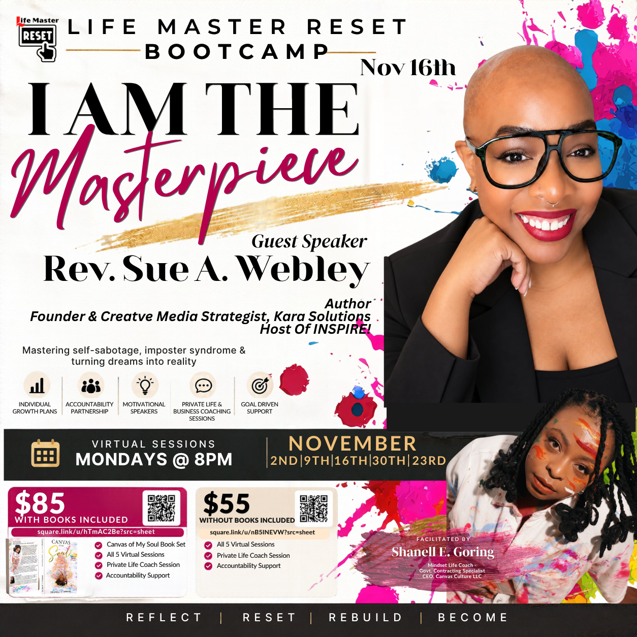 Life Master Reset Bootcamp flyer featuring guest speaker Rev. Sue A. Webley on November 16. Event and registration details are provided alongside this image.